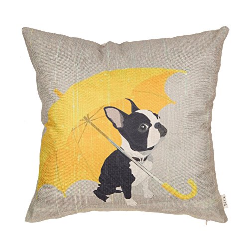 Product Cover Fjfz Boston Terrier with Yellow Umbrella Dog Lover Decor Gift Cut Funny Decoration Cotton Linen Home Decorative Throw Pillow Case Cushion Cover for Sofa Couch, 18