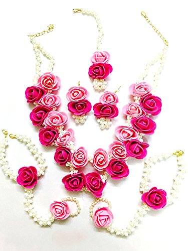 Product Cover Floret Jewelry Beautiful Pearl Designer Pink Flower Jewelry Set With 6 Items For Women & Girls (Mehandi/Haldi/Wedding/Bridal)