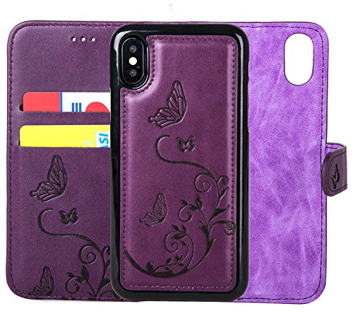 Product Cover iPhone Xs/iPhone X Wallet Case with 2 in 1 Detachable Slim Case, Women's Embossed Flower Butterfly Pattern Vegan Leather Case, 2 ID Credit Card Pocket, Wrist Strap, Flip Folio, PU Leather - Purple