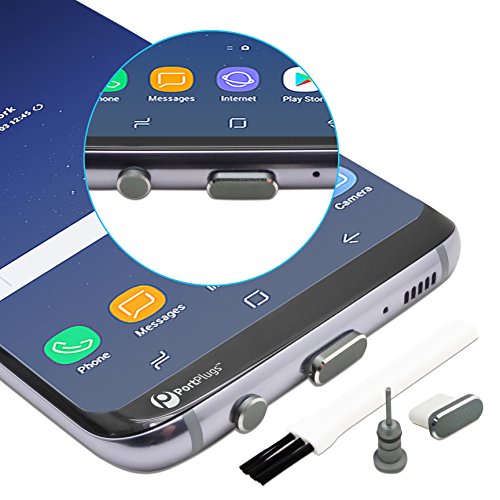 Product Cover PortPlugs - USB C Aluminum Dust Plug Set - Compatible with Samsung s10, s9, s8, Note - Charging Port and Headphone Jack - Includes Holders and Cleaning Brush (Gun Metal)