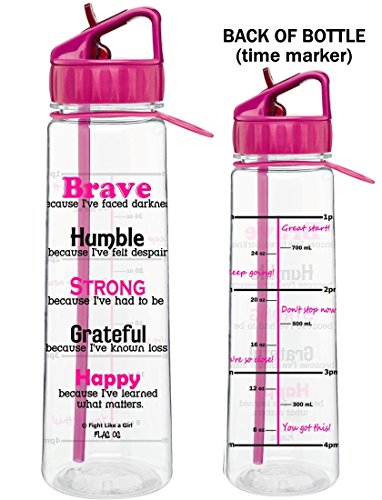 Product Cover Fight Like a Girl Motivational Brave Because I've Faced Darkness Slimkim II Water Sports Bottle for Fitness Workout Exercise | Time Marker with Inspirational Phrases 30 Oz (5 Color Choices)