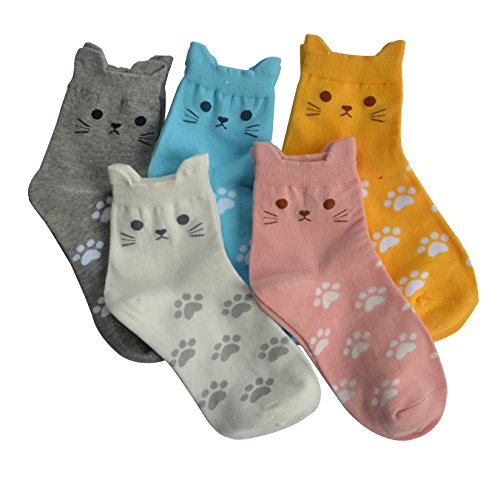 Product Cover 5 Pairs Women's Fun Socks Cute Cat Animals Funny Funky Novelty Cotton Gift (Cute Cat) Size: Free size 22.5-25.5cm Suitable for women US Size 5-8
