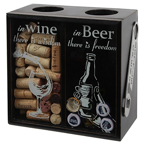 Product Cover Lily's Home Wine Cork and Beer Cap Holder, Wooden Wine Cork and Beer Caps Shadow Box with Beer Cap Opener, Black (8 3/4