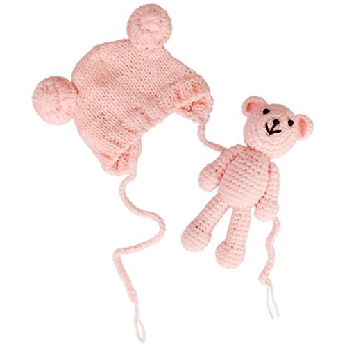 Product Cover Jastore Infant Newborn Photography Prop Photo Crochet Boys Girls Knit Toy Bear Hats (Pink)