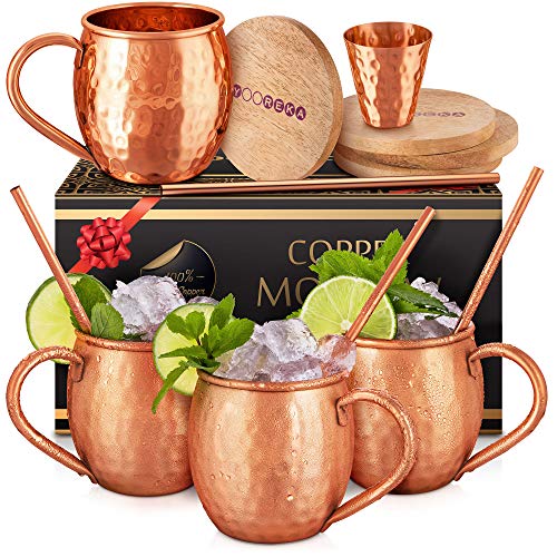 Product Cover Moscow Mule Copper Mugs Set : 4 16 oz. Solid Genuine Copper Mugs Handmade in India,BONUS: Highest Quality, 4 Straws, 4 Wood Coasters, Shot Glass : Comes in Elegant Gift Box, by Yooreka