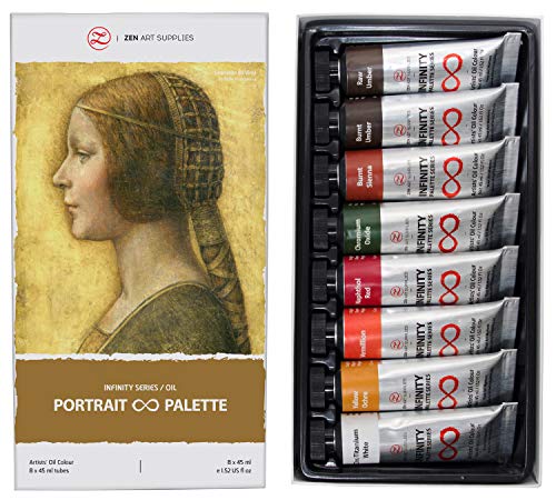 Product Cover Non-Toxic Oil Paints for Professional Artists - 8 x Large 45ml Tubes - Portrait Palette of Eco-Friendly Paint with Exceptional Pigment and Lustrous Sheen - The Infinity Series by ZenART