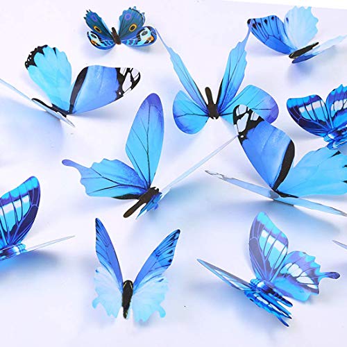 Product Cover Butterfly Wall Decals, 24 Pcs 3D Butterfly Removable Mural Stickers Wall Stickers Decal Wall Decor for Home and Room Decoration (Blue)
