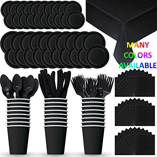 Product Cover HeroFiber Disposable Paper Dinnerware for 24 - Black - 2 Size Plates, Cups, Napkins , Cutlery (Spoons, Forks, Knives), and tablecovers - Full Party Supply Pack