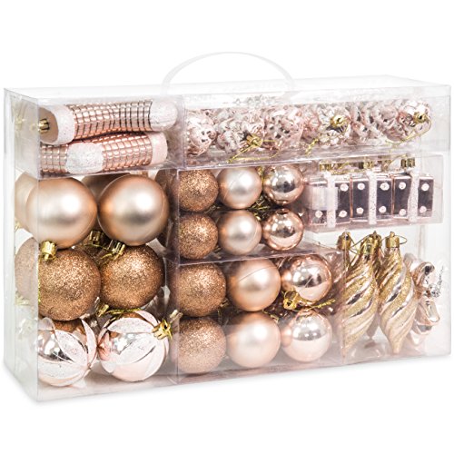 Product Cover Best Choice Products Set of 72 Shatterproof Handcrafted Assorted Hanging Christmas Ornaments w/Embossed Glitter Design, Rose Gold