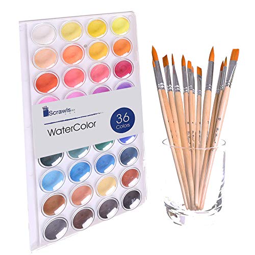 Product Cover Watercolor Cake Set, 36 Watercolor Paint Set and 12 Paint Brushes. This Watercolors Set are Great for Children / kids and beginner artists. The perfect brushes and water color pan set.