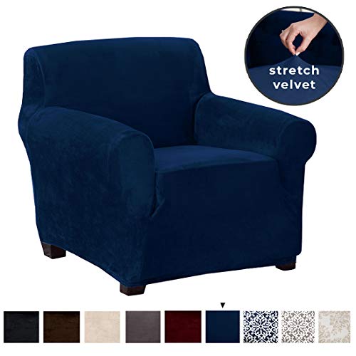 Product Cover Great Bay Home Modern Velvet Plush Strapless Slipcover. Form Fit Stretch, Stylish Furniture Cover/Protector. Gale Collection Brand. (Chair, Dark Denim Blue)