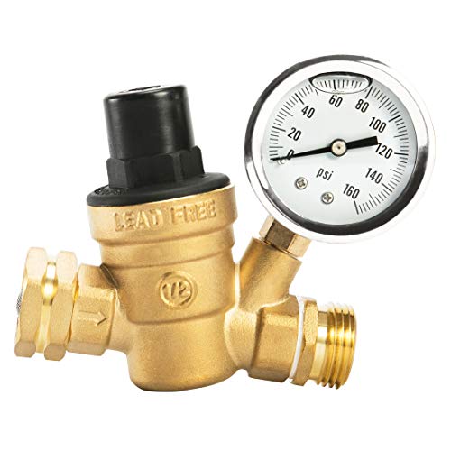 Product Cover Esright Brass Water Pressure Regulator 3/4 Lead-Free with Gauge for RV Camper Adjustable Water Pressure Regulator,Build-in Oil (NH Threads)