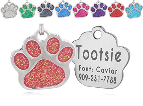 Product Cover io tags Pet ID Tags, Personalized Dog Tags and Cat Tags, Custom Engraved, Easy to Read, Cute Glitter Paw Pet Tag (Rose)