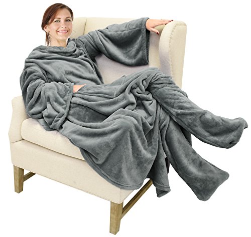 Product Cover Catalonia Wearable Fleece Blanket with Sleeves and Foot Pockets for Adult Women Men,Micro Plush Comfy Wrap Sleeved Throw Blanket Robe Large,Grey