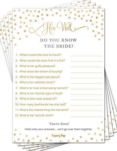 Product Cover How Well Do You Know The Bride (50 Sheets) - Bridal Shower Games - Wedding Shower Games - Wedding Games - Bachelorette Party Games - Gold