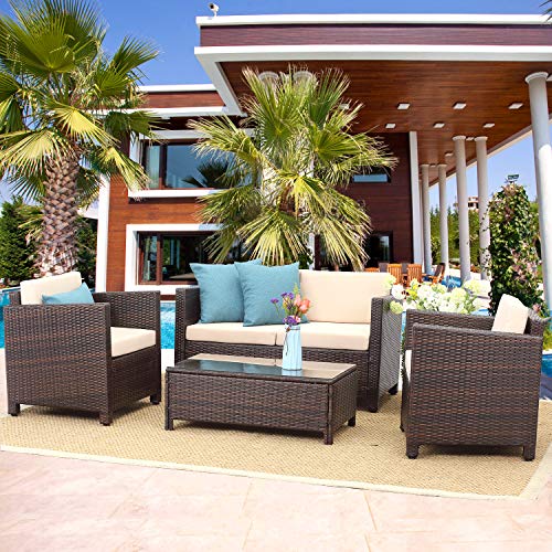 Product Cover Wisteria Lane Outdoor Patio Furniture Set,5 Piece Conversation Set Wicker Sectional Sofa Loveseat Chair Brown Wicker