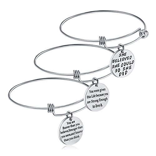 Product Cover iJuqi Birthday Gifts for Women Girls - 3PCS Stainless Steel Inspirational Charm Bracelets Jewelry Set Motivational Expendable Bangles Ideas