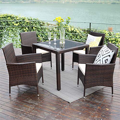 Product Cover Wisteria Lane Outdoor Patio Dining Table Set, 5 Piece Glassed Dining Table Chairs Sectional Furniture Conversation Set Cushioned Garden Lawn Bar Furniture,Brown