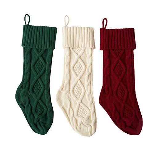 Product Cover Solucky Set of 3, 18'' Classic Solid Color Christmas Knit Stockings, White, Red and Green