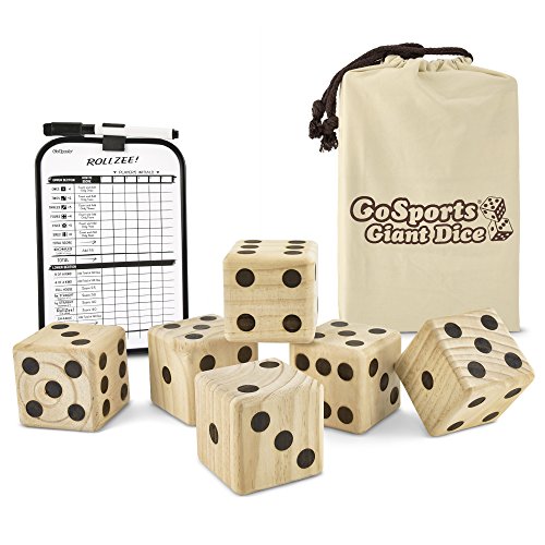 Product Cover GoSports Giant Wooden Playing Dice Set with Bonus Rollzee and Farkle Scoreboard - Includes 6 Dice, Dry-Erase Scoreboard and Canvas Carrying Bag (Choose 2.5