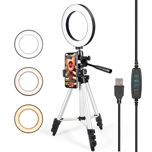 Product Cover GLCON Selfie Ring Light with Tripod Stand for Live Stream-LED Ring Light with Phone Holder for iPhone Samsung Android-Dimmable Makeup Light with 3 Light Mode,10 Level Brightness for YouTube(Silver)