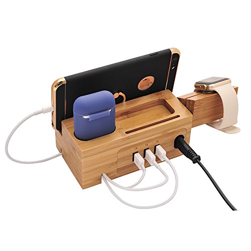 Product Cover BoxThink Charging Station Apple Watch Airpods Charger Stand iphone Charging Dock Cable Management Wood Charging Station with 3 USB Ports Compatible with AirPods/Apple Watch Series3/2/1/iPhone