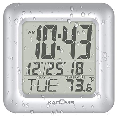 Product Cover KADAMS Digital Bathroom Shower Wall Clock, Waterproof for Water Spray, Temperature, Seconds Counter, Moisture Proof, Large Display, Calendar Month Date Day, Suction Cup Stand Hanging Hole SILVER FRAME