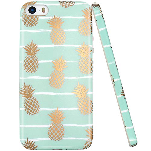 Product Cover JAHOLAN iPhone 5 Case, iPhone 5S case, Shiny Gold Pineapple Baby Mint Design Clear Bumper TPU Soft Rubber Silicone Cover Phone Case Compatible with iPhone 5 5S SE