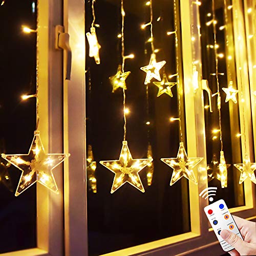 Product Cover TOFU Star Curtain Lights, 138 LED 12 Stars Remote Window Curtain String Lights Plug in with 8 Flashing Modes Decoration for Christmas, Wedding, Bedroom, Party, Birthday, 7.3ft(W)×3.3ft(H), Warm White