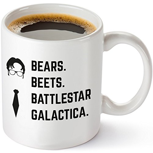 Product Cover Bears Beets Battlestar Galactica Funny 11 oz Coffee Mug - Inspired By TV Show The Office Quote - Unique Birthday Gift For Dwight Schrute Fans - Dunder Mifflin Christmas Present
