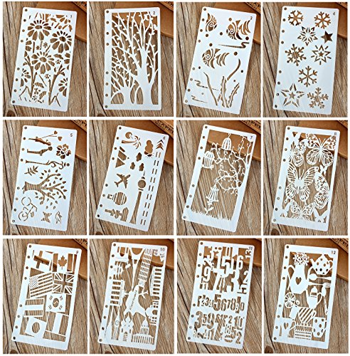 Product Cover 12 Pcs Drawing Painting Stencils Scale Template Sets for Loose Leaf A6 Bullet Journal Diary Notebook 8-Ring Paper Inserts,Perfect for Children Creation,Scrapbooking,DIY Albums,Card and Craft Projects