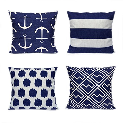Product Cover 4 Pack FanHomcy Cushion Covers Simple Geometric Decorative Throw Pillow Cases for Sofa 18 x 18 Inch, 1x Anchors + 1x Dots + 1x Stripe + 1x Shakes ( Navy Blue)