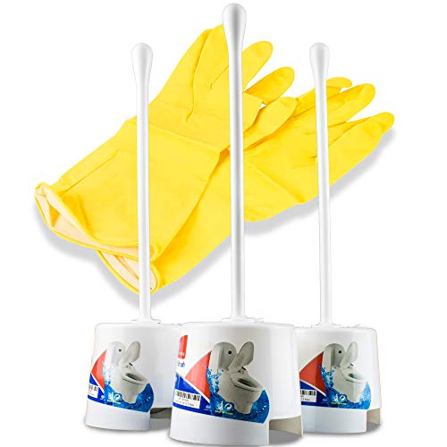 Product Cover 3 Pack toilet bowl brush set with holder - portable self standing basic white set with flexible handle & soft nylon bristles; Discreet and slim - Fits well - Eco friendly with free cleaning gloves