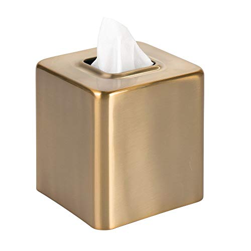 Product Cover mDesign Modern Square Metal Paper Facial Tissue Box Cover Holder for Bathroom Vanity Countertops, Bedroom Dressers, Night Stands, Desks and Tables - Soft Brass