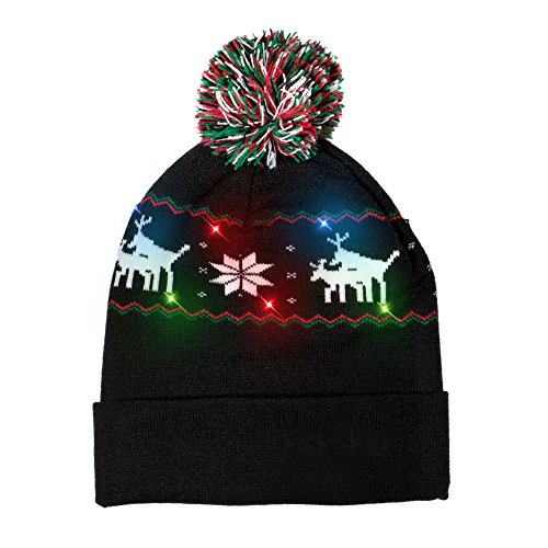 Product Cover Windy City Novelties Windy City Novelties LED Light-up Knitted Ugly Sweater Reindeer on Reindeer Holiday Xmas Christmas Beanie - 3 Flashing Modes