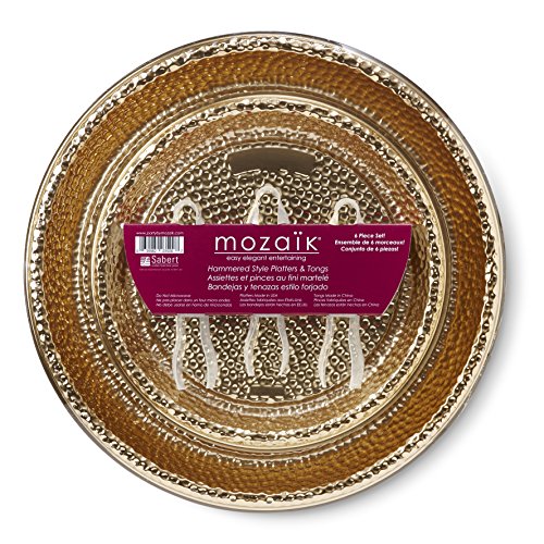 Product Cover Mozaik Premium Plastic Hammered Gold Serving Platter and Tongs Set, 6 pieces