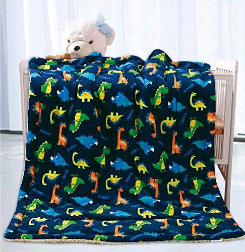 Product Cover Elegant Home Kids Soft & Warm Sherpa Baby Toddler Boy Sherpa Blanket Navy Blue Dinosaurs Multicolor Printed Borrego Stroller or Toddler Bed Blanket Plush Throw 40X50 # Dinosaurs
