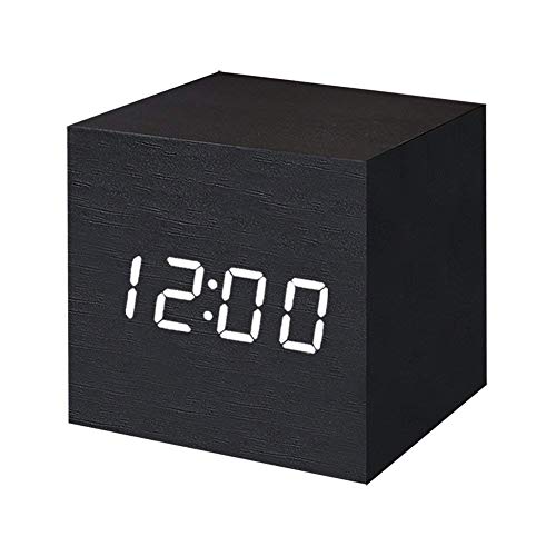 Product Cover Digital Alarm Clock Wooden LED Light Multifunctional Modern Cube Displays Date Temperature for Home Office Travel-Black