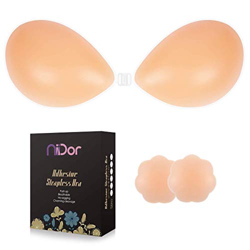 Product Cover Niidor Adhesive Bra Strapless Sticky Invisible Push up Silicone Bra for Backless Dress with Nipple Covers Nude (B Cup)