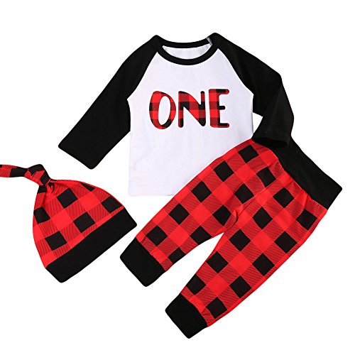 Product Cover Babys 1st Birthday Outfits Long Sleeve T-Shirt with Plaid Pant and Hat Christmas Costumes (18-24 Months, White)