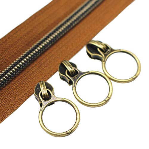 Product Cover YaHoGa #5 Antique Brass Metallic Nylon Coil Zippers by The Yard Bulk 10 Yards Brown Tape with 20pcs Anti-Brass Sliders for DIY Sewing Tailor Craft Bag (Anti-Brass Brown)