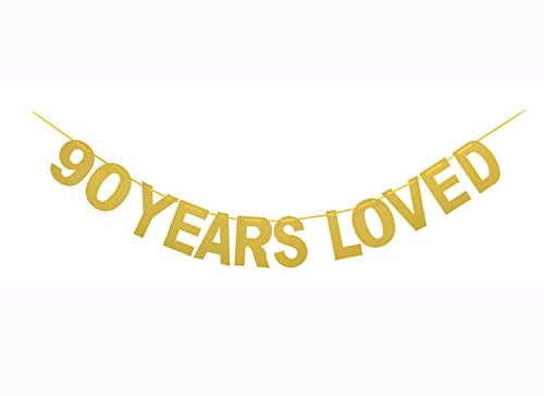 Product Cover Qibote Gold Glitter 90 Years Loved Banner for 90th Birthday, 90 Wedding Anniversary Party Decorations