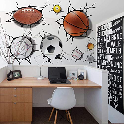 Product Cover U-Shark 3D Self-adesive Removable Break Through The Wall Vinyl Wall Stickers/Murals Art Decals Decorator Kid's Favor (2080 Sports Basketball Football Soccer Tennis(50x70cm))