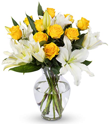 Product Cover Benchmark Bouquets Yellow Roses and White Oriental Lilies, With Vase (Fresh Cut Flowers)