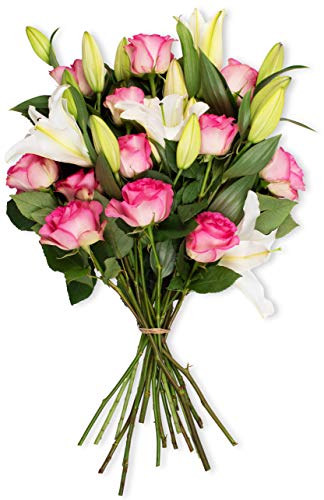 Product Cover Benchmark Bouquets Light Pink Roses and White Oriental Lilies, No Vase (Fresh Cut Flowers)