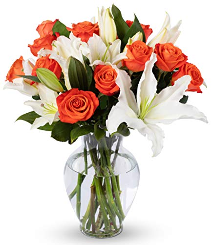 Product Cover Benchmark Bouquets Orange Roses and White Oriental Lilies, With Vase (Fresh Cut Flowers)