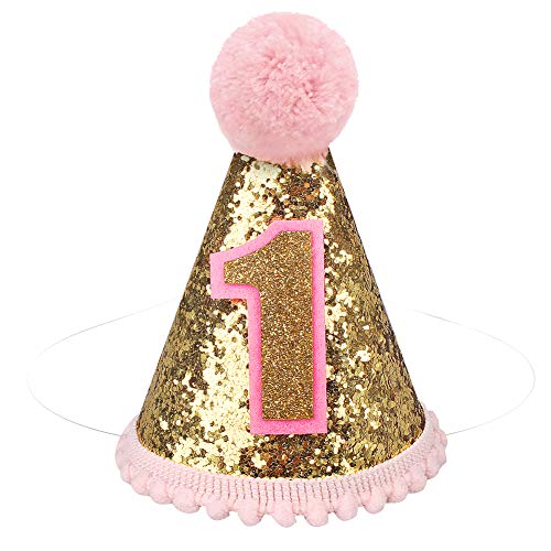 Product Cover ANYI16 Gold Glitter Sparkle Princess 1st Birthday Hat with Adjustable Headband for Baby Girl Party Supplies (Cone hat)