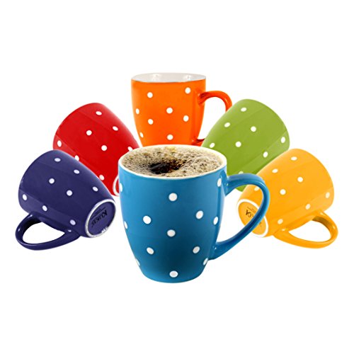 Product Cover Klikel 6 Polka Dot Coffee Mugs Set - 16oz Flat Bottom Porcelain Dinnerware - Bright Polka Dot Colors