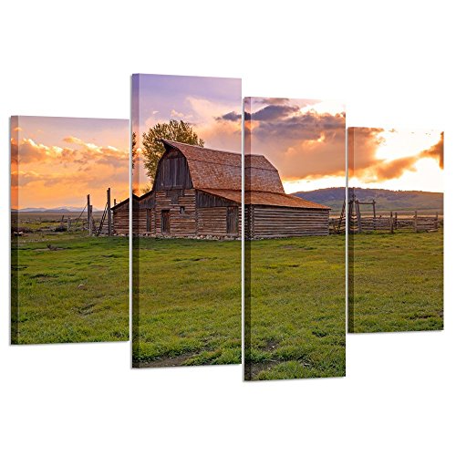 Product Cover Kreative Arts Vintage Barn in Rural Wyoming Canvas Print Wall Art USA Grand Teton National Park Landscape 4 Pieces Paintings Modern Giclee Stretched and Framed Artwork for Living Room Decor