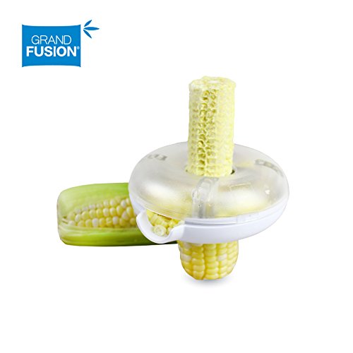 Product Cover Corn Peeler with Circular Stainless Steel Blade Strips Corn Cob Cleanly - Plastic Container with Pouring Spout catches Kernals